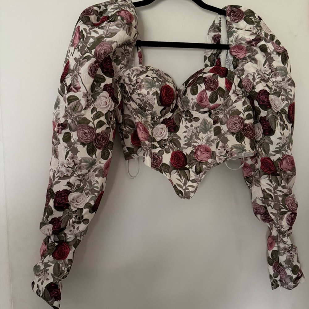 Floral Bustier Crop Top with Puff Sleeves